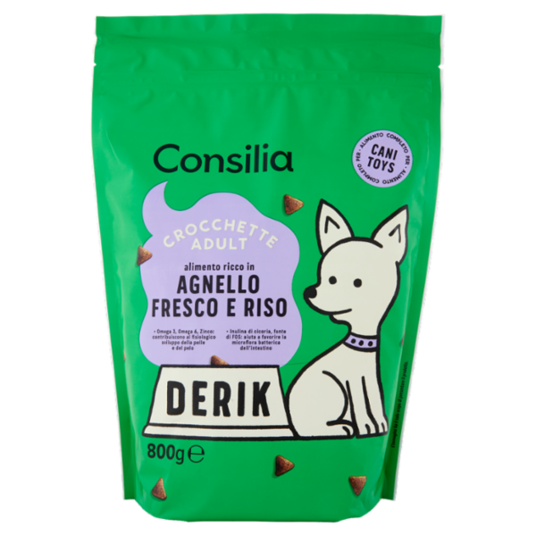 Consilia Derik Cane Adulto di Taglia Toys Crocchette con Agnello Fresco e Riso 800 g