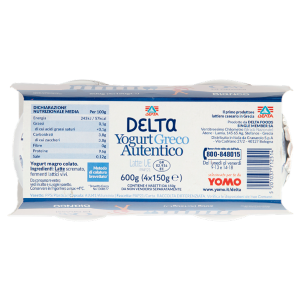 Delta Yogurt Greco Autentico 0% di Grassi Bianco 4 x 150 g