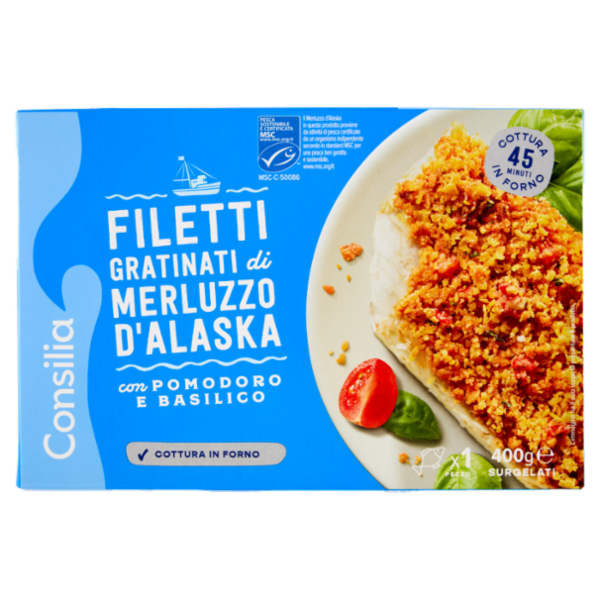 Consilia Filetti di Merluzzo D'Alaska Gratinati con Pomodoro e Basilico Surgelati 400 g