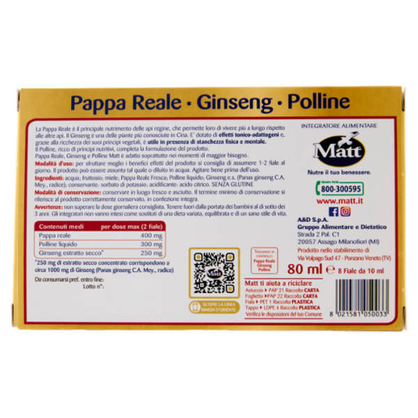 Matt Rimedi d'Oriente Pappa Reale - Ginseng - Polline Fiale 8 x 10 ml