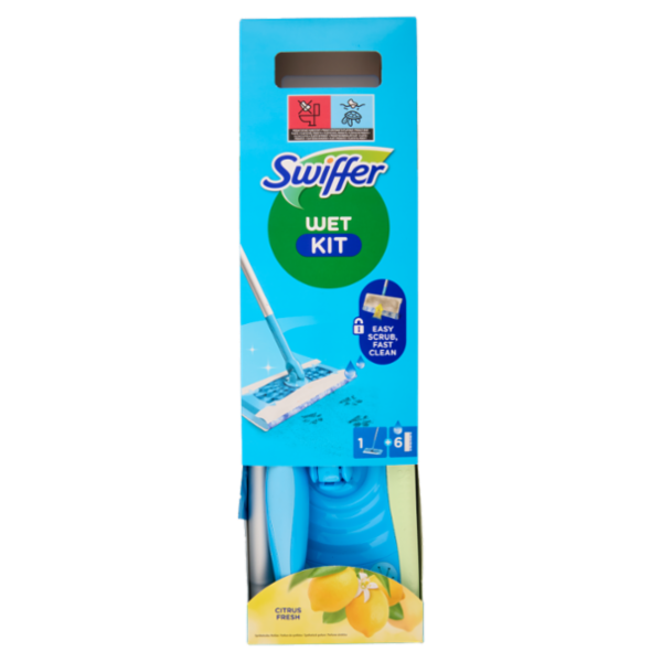 Swiffer Wet Kit Citrus Fresh (1 Scopa Lavapavimenti + 6 Panni Umidi per Pavimenti)