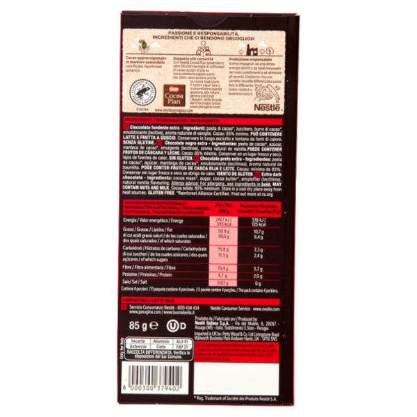 PERUGINA NERO Fondente Extra 85% Tavoletta Cioccolato Fondente 85g