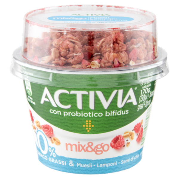 ACTIVIA Mix&Go con Probiotico Bifidus, 0% Grassi, Yogurt con Muesli, Lamponi e Semi di Chia 170g