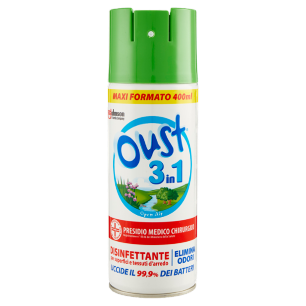 Oust 3 in 1 Spray Disinfettante per Superfici e Tessuti d'Arredo, Fragranza Open Air, 400ml