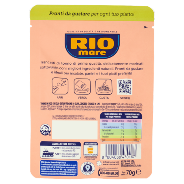 Rio mare Trancetti di Tonno con un filo di Olio Extra Vergine di Oliva e succo di Lime e Zenzero 70g