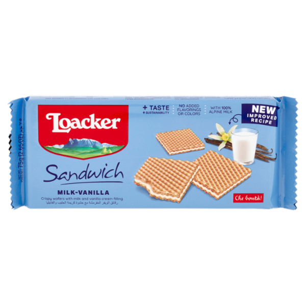 Loacker Wafer Sandwich Milk-Vanilla con crema al latte alpino e vaniglia Bourbon wafers 75g