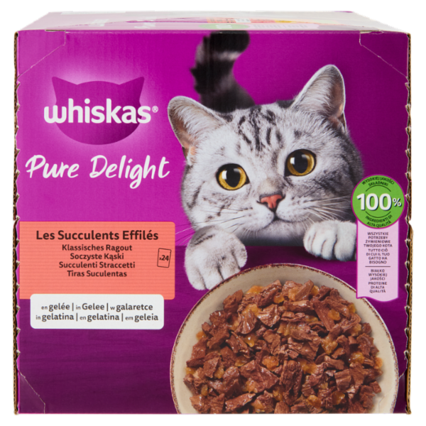 Whiskas Pure Delight Succulenti Straccetti in Gelatina con Manzo, Pollo, Pollame, Agnello 24x85g