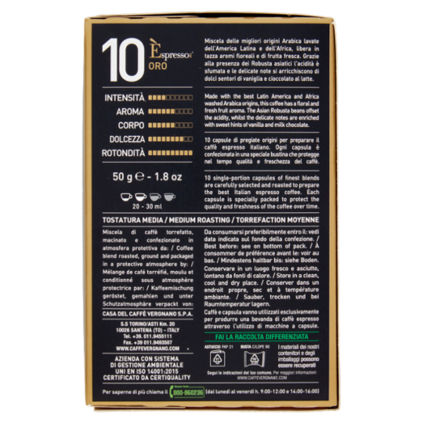 Caffè Vergnano 1882 Èspresso1882 Oro 10 Capsule Compatibili Nespresso* 50 g