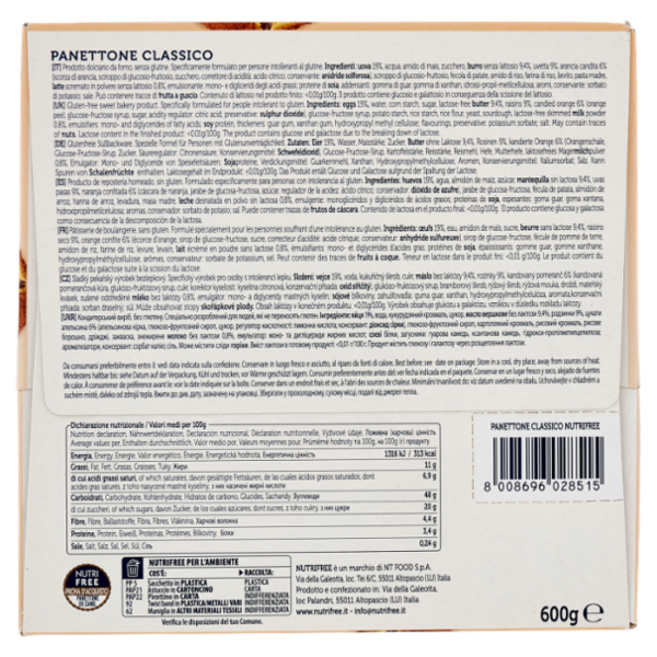 Nutrifree Panettone Classico Senza glutine con Uvetta e Canditi Senza Lattosio 600 g