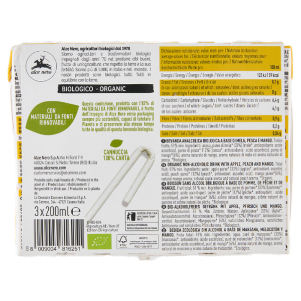 alce nero Pesca e Mango Senza Zuccheri Aggiunti 3 x 200 ml