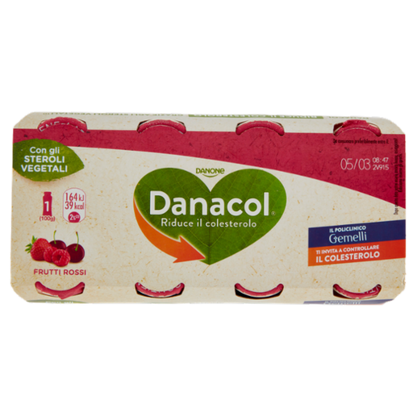 DANACOL Yogurt da bere, Riduce il Colesterolo grazie agli Steroli Vegetali, Frutti Rossi, 8x100g