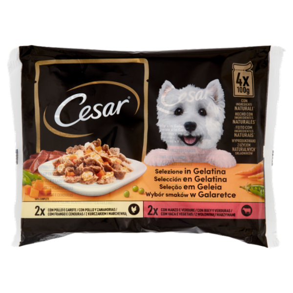 Cesar Cibo Umido Cane in Buste Selezione in Gelatina 4 x 100 g