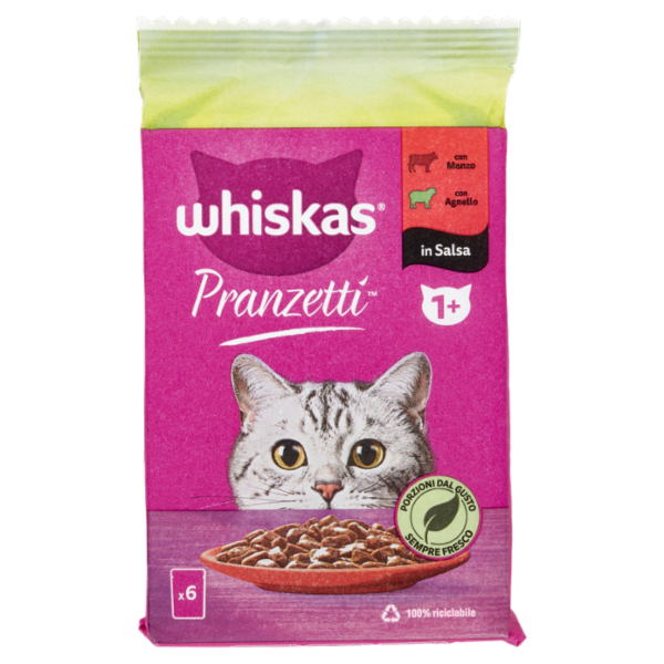 Whiskas Pranzetti Cibo Umido Gatto con Manzo e Agnello in Salsa 6 x 50 g