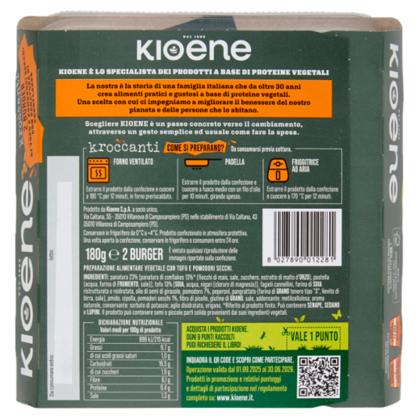 Kioene Kroccanti 2 Burger di Tofu e Pomodori Secchi con Panatura di Cornflakes 180 g