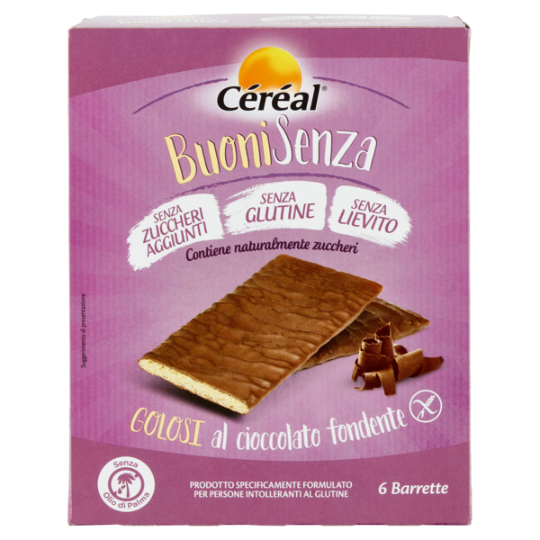 Céréal, Crackers BuoniSenza Golosi al cioccolato fondente, senza glutine, senza lievito - 6 x 17 g
