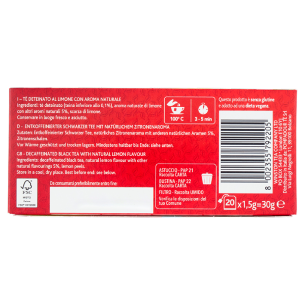 Sir Winston Tea Tè al Limone Deteinato 20 x 1,5 g