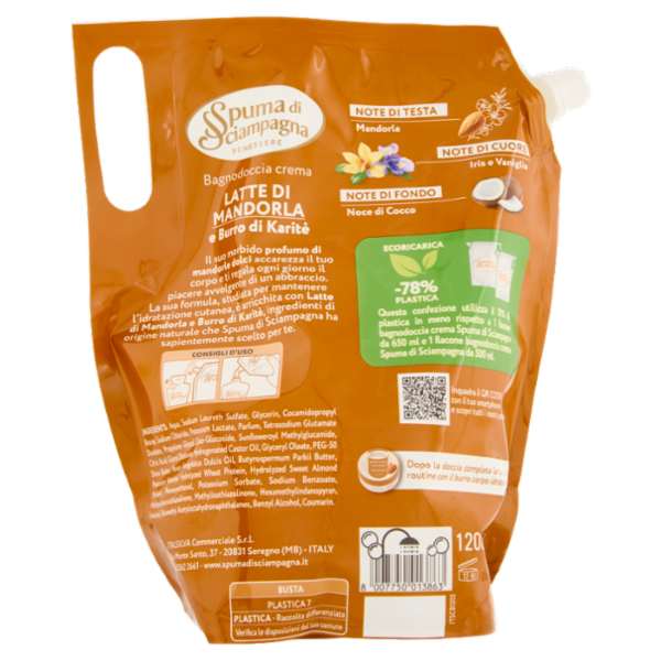 Spuma di Sciampagna Benessere Bagnodoccia crema Idratante Latte di Mandorla Ecoricarica 1200 ml