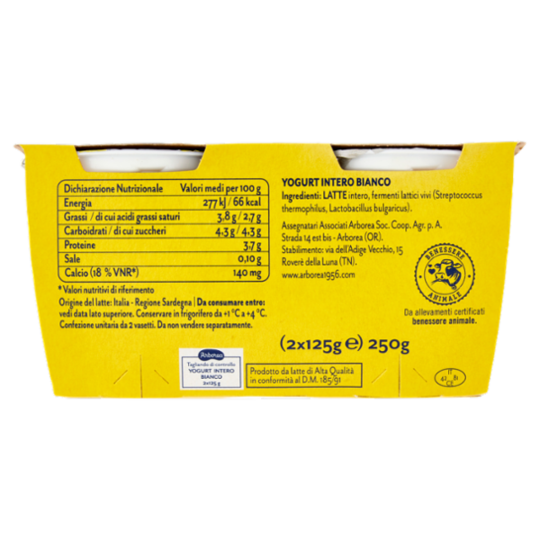 Arborea Yogurt Intero da Latte di Alta Qualità Bianco 2 x 125 g