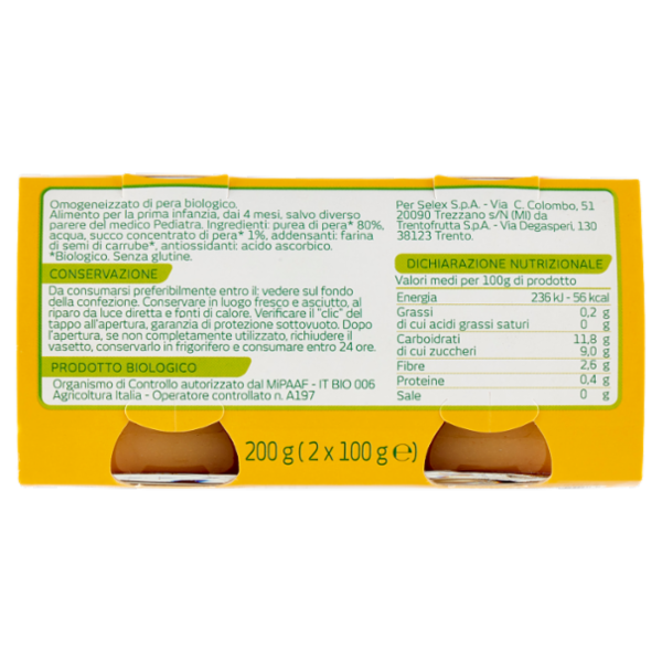 Selex Primi Anni Omogeneizzato di Pera Biologico 2x100 g