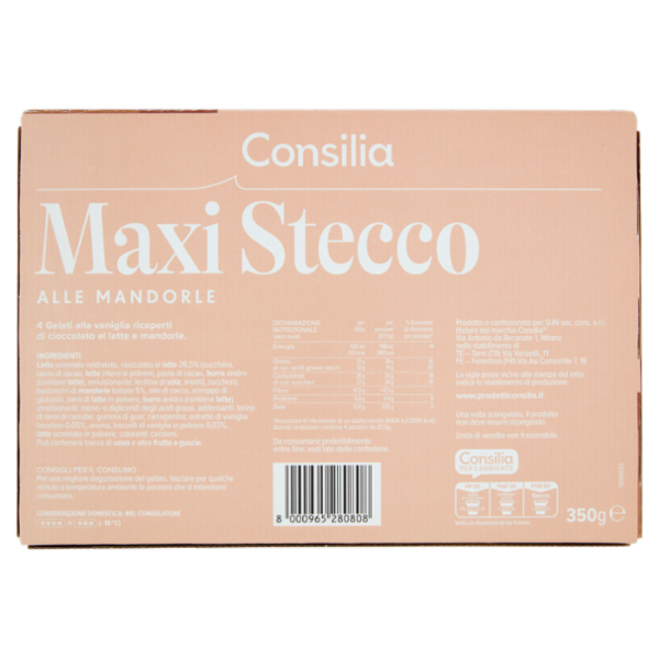 Consilia 4 Maxistecchi di Gelato Vaniglia Ricoperti Cioccolato al Latte e Mandorle 350 g