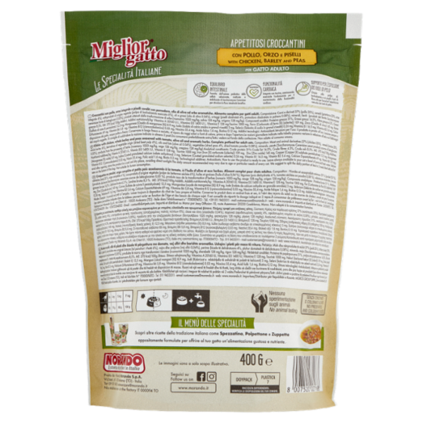 Migliorgatto Le Specialità Italiane Appetitosi Croccantini Pollo, Orzo e Piselli Gatto Adulto 400 G