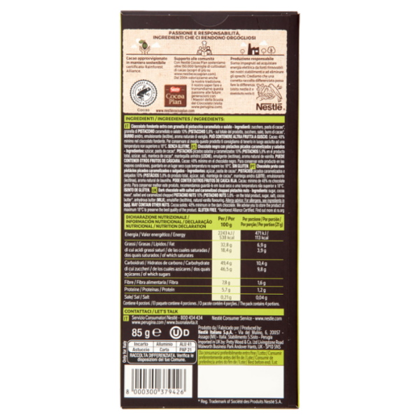 PERUGINA NERO Fondente Extra Pistacchio Tavoletta Cioccolato Fondente 85g