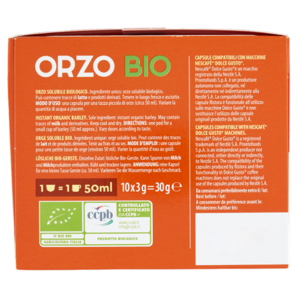 ristora Orzo Bio Capsule Compatibili con Macchine Nescafè Dolce Gusto 10 x 3 g