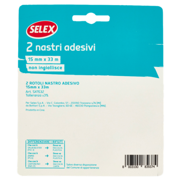 Selex Nastro Adesivo 15 mm x 33 m Trasparente 2 pezzi
