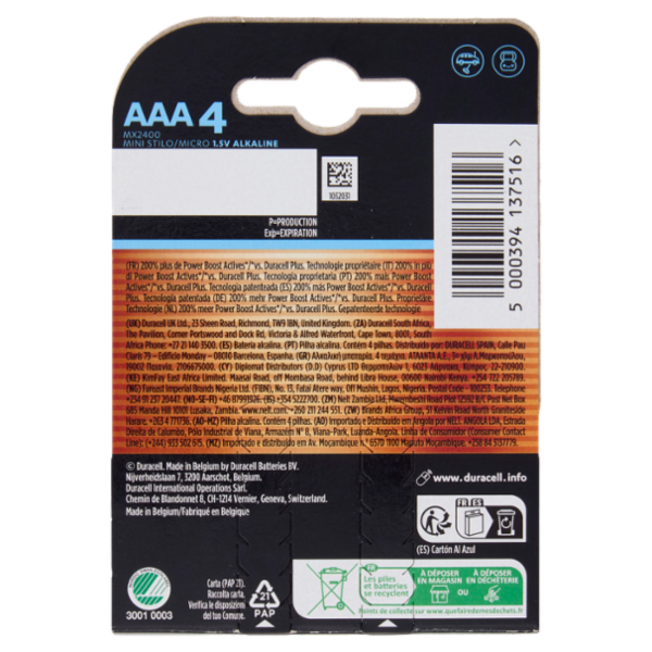 Duracell Optimum AAA 4 Mini Stilo / Micro Alcalina 1.5V MX2400 4 pz
