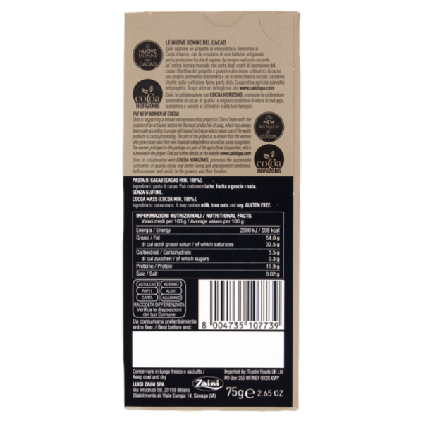 Zàini Le Nuove Donne del Cacao Dark 100% Cacao 75 g