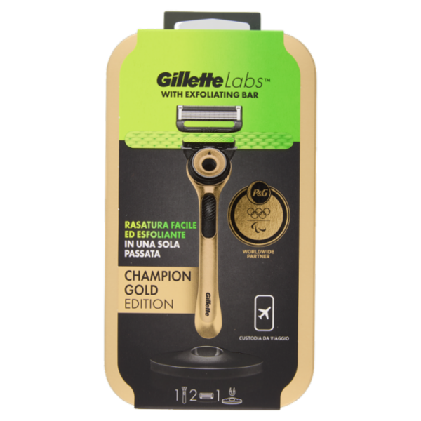 Gillette Labs Rasoio da Uomo Champion Gold Edition Custodia da Viaggio 1 Manico + 2 Lamette + 1 Base