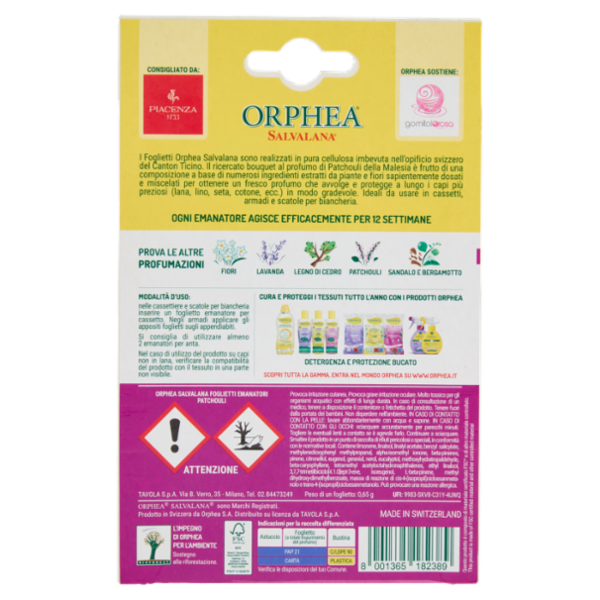 Orphea Salvalana Foglietti per Cassetti e Armadi al Profumo Naturale di Patchouli 12 x 0,65 g