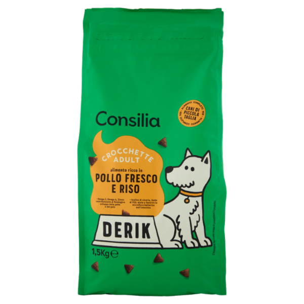 Consilia Derik Cane Adulto di Taglia Piccola Crocchette con Pollo Fresco e Riso 1,5 kg