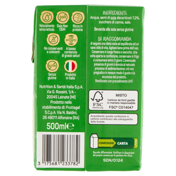 Céréal Bevanda di Soia Nature non OGM, ricco di proteine, 2% di grassi, senza glutine - 500ML
