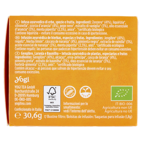 Yogi Tea Zenzero Arancio Bio infuso ayurvedico di erbe con zenzero, scorza d'arancia, vaniglia-30,6g