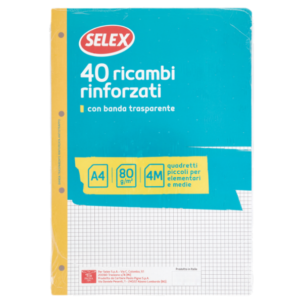 Selex Ricambio Bianco Quaxima Formato A4 40 Fogli Rinforzati 80 g Quadretti 4 mm