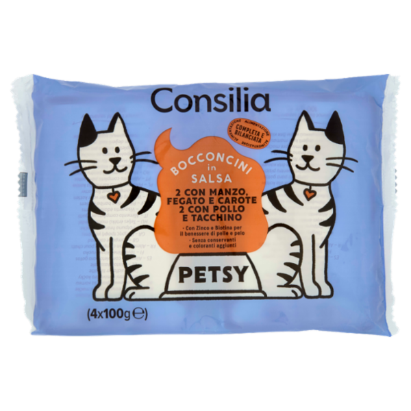 Consilia Petsy Gatto Bocconcini in Salsa 2 Manzo, Fegato e Carote e 2 Pollo e Tacchino 4x100 g