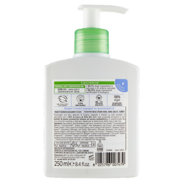 I Provenzali Bio Sapone Liquido Biologico Aloe 250 ml