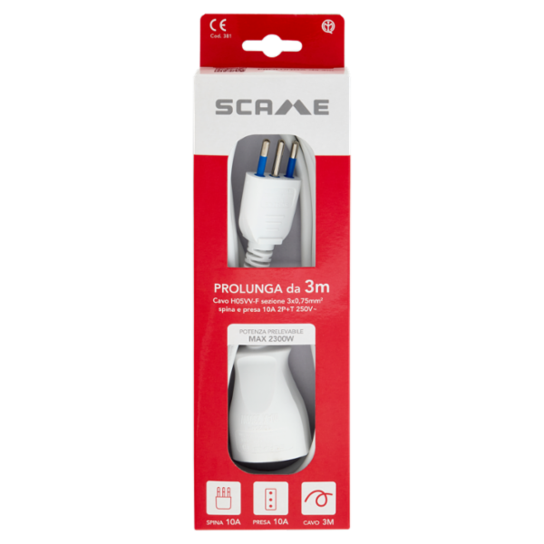Scame Prolunga da 3m Cavo H05VV-F sezione 3x0,75mm² spina e presa 10A 2P+T 250V