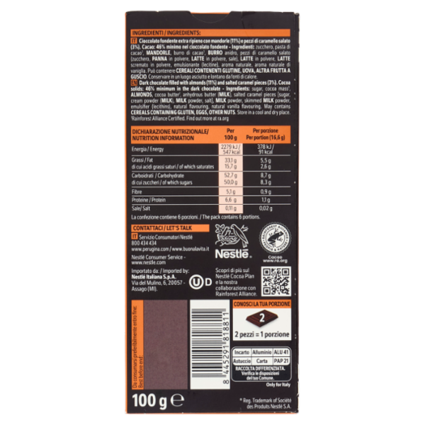 PERUGINA NERO Caramello Tavoletta Cioccolato Fondente Ripiena 100g