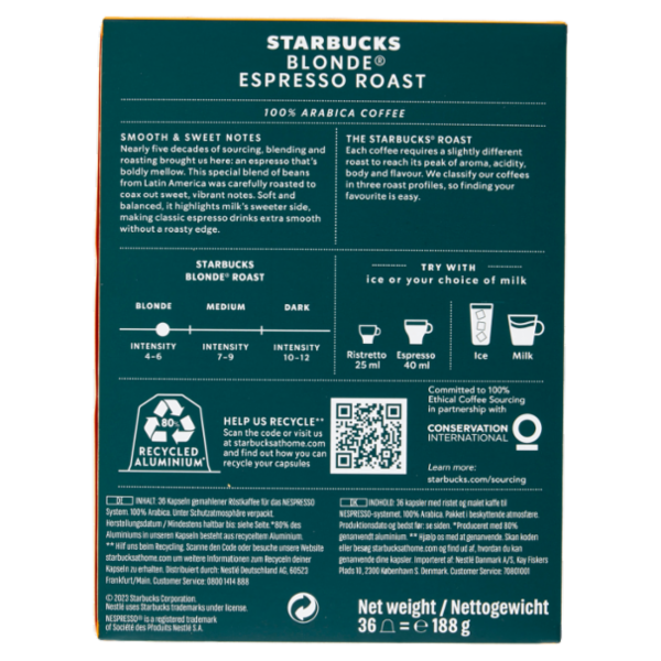 STARBUCKS Blonde Espresso Roast By Nespresso Caffè Espresso 36 capsule 188 g