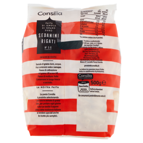 Consilia Pasta di Semola Trafilata al Bronzo Sedanini Rigati 500 g