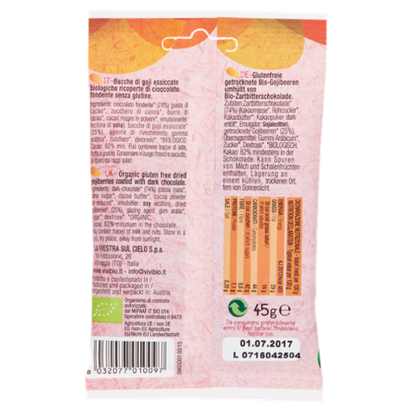 Vivibio Snack Bacche di Goji ricoperte con Cioccolato Fondente 45 g