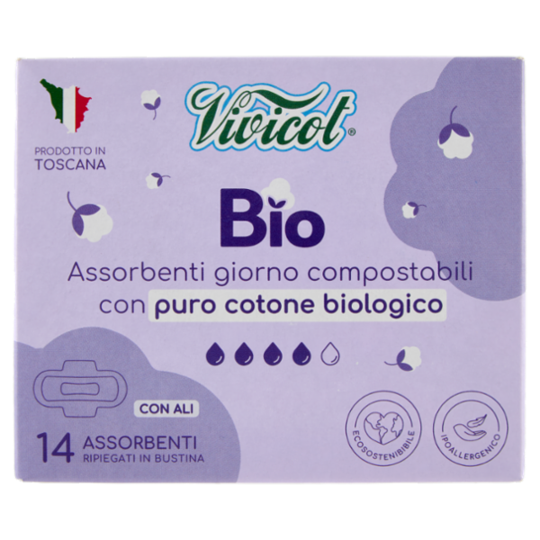 Vivicot Bio Assorbenti giorno compostabili con Ali Ripiegati in Bustina 14 pz