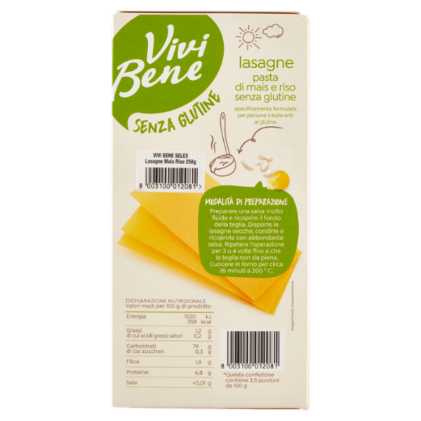 Vivi Bene Senza Glutine Pasta di Mais e Riso Lasagne Senza Glutine 250 g