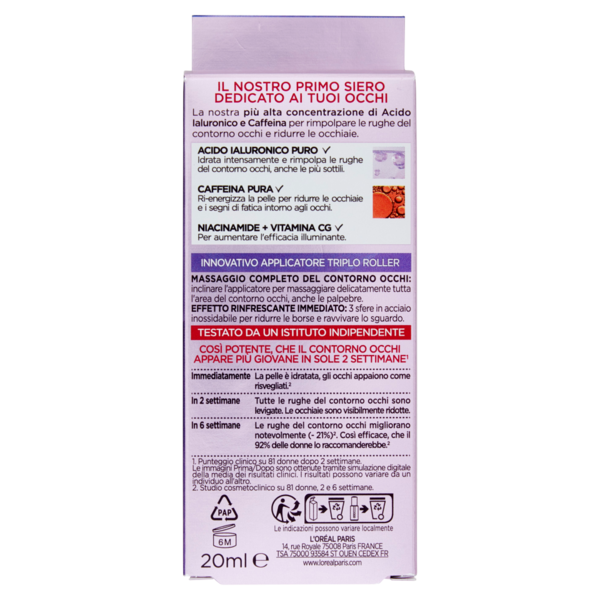 L'Oreal Paris Revitalift Filler Eye Serum,Siero occhi illuminante e rimpolpante 20 ml