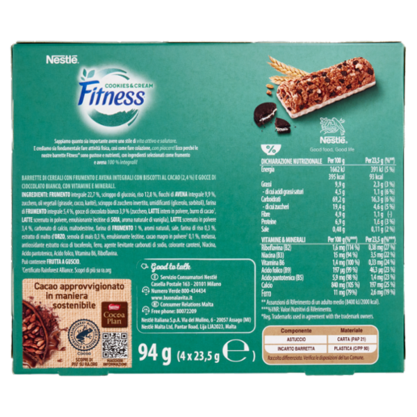 FITNESS Cookies&Cream Barrette Cereali Integrali con Biscotti e Cioccolato Bianco 4 pezzi da 23,5g