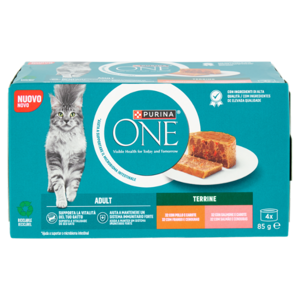 PURINA ONE Adult Terrine Pollo e Carote, Salmone e Carote 4 x 85g