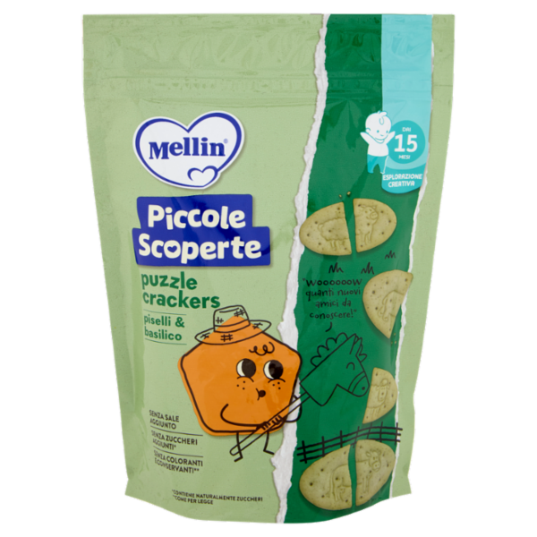 MELLIN Puzzle Crackers, Piselli e Basilico, Senza Sale e Zuccheri, adatto dai 15 mesi, 105g