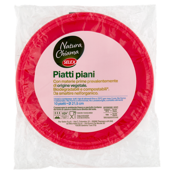 Selex Natura Chiama Piatti Piani Biodegradabili e Compostabili Ecologici Rossi 10 pezzi